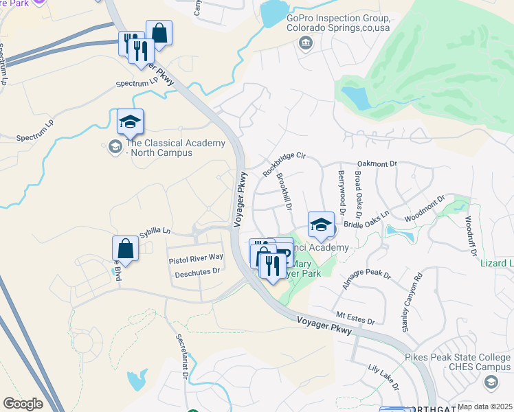 map of restaurants, bars, coffee shops, grocery stores, and more near 12598 Rockbridge Circle in Colorado Springs