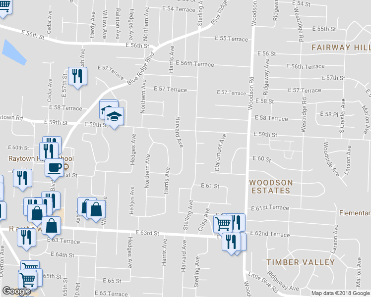 map of restaurants, bars, coffee shops, grocery stores, and more near 6000 Harvard Avenue in Raytown