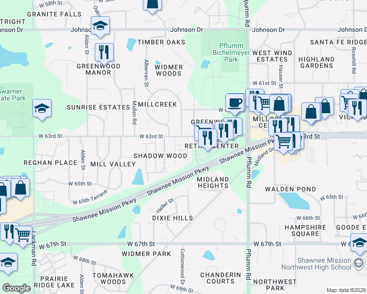 map of restaurants, bars, coffee shops, grocery stores, and more near 6318 Widmer Road in Shawnee
