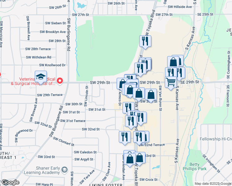 map of restaurants, bars, coffee shops, grocery stores, and more near 2933 SW Central Park Ave in Topeka