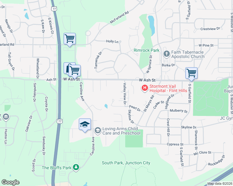 map of restaurants, bars, coffee shops, grocery stores, and more near 1498 Pearl Drive in Junction City