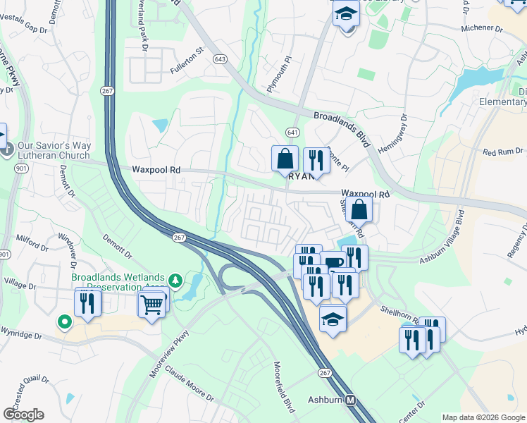 map of restaurants, bars, coffee shops, grocery stores, and more near 21810 Dragons Green Square in Ashburn