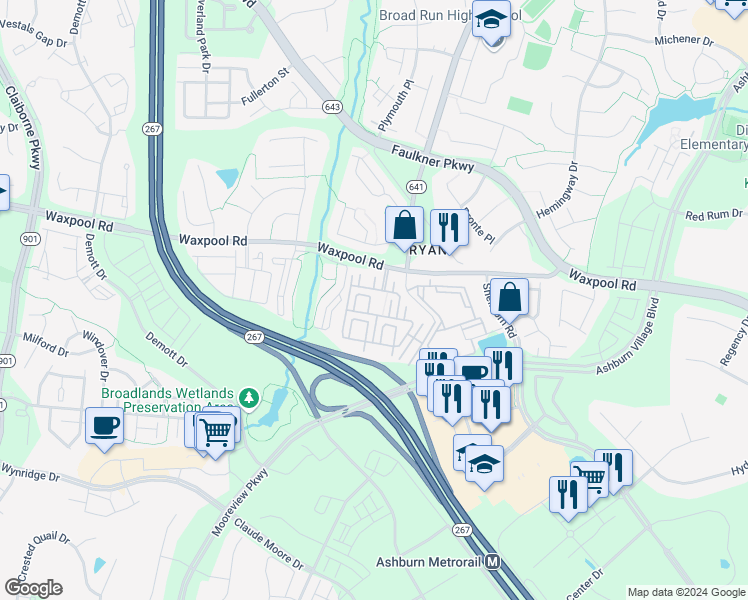 map of restaurants, bars, coffee shops, grocery stores, and more near 21810 Dragons Green Square in Ashburn