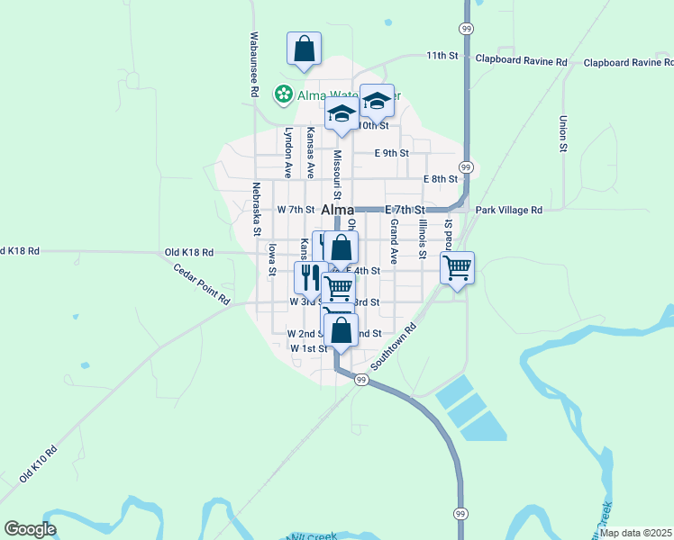 map of restaurants, bars, coffee shops, grocery stores, and more near 400 Missouri Street in Alma