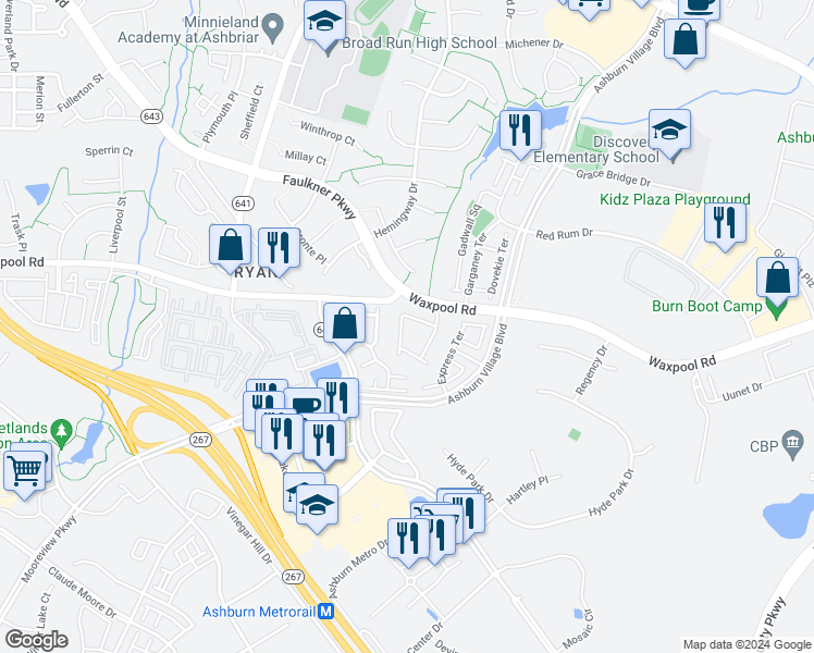 map of restaurants, bars, coffee shops, grocery stores, and more near 21776 Ladyslipper Square in Ashburn