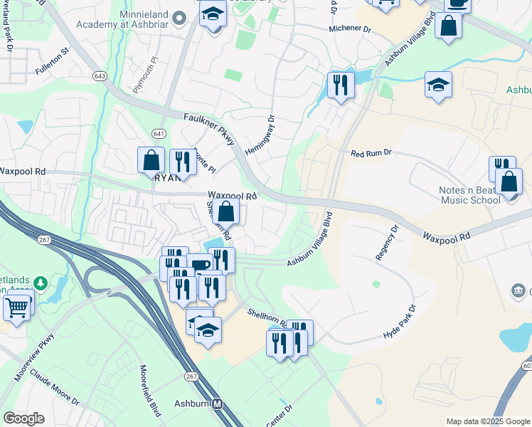 map of restaurants, bars, coffee shops, grocery stores, and more near 21776 Ladyslipper Square in Ashburn