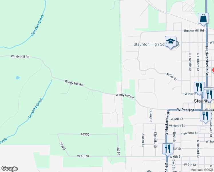 map of restaurants, bars, coffee shops, grocery stores, and more near 18336 Windy Hill Road in Staunton