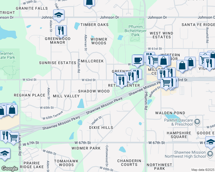map of restaurants, bars, coffee shops, grocery stores, and more near 14010 West 63rd Street in Shawnee