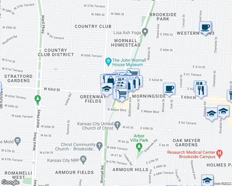 map of restaurants, bars, coffee shops, grocery stores, and more near W 63rd St & Brookside Blvd in Kansas City