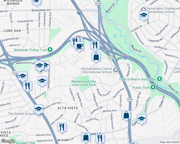 map of restaurants, bars, coffee shops, grocery stores, and more near 3 Pooks Hill Road in Bethesda