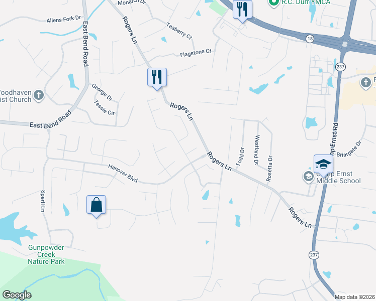 map of restaurants, bars, coffee shops, grocery stores, and more near 6247 Woodcrest Drive in Burlington