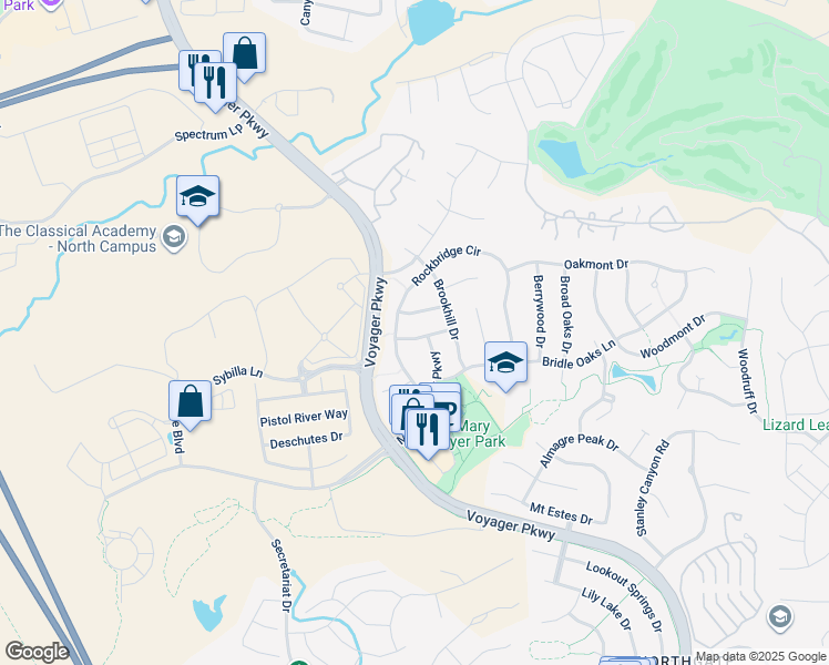 map of restaurants, bars, coffee shops, grocery stores, and more near 1136 Meadow Oaks Drive in Colorado Springs
