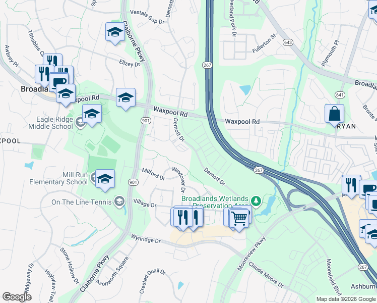 map of restaurants, bars, coffee shops, grocery stores, and more near 21895 Crescent Park Square in Ashburn