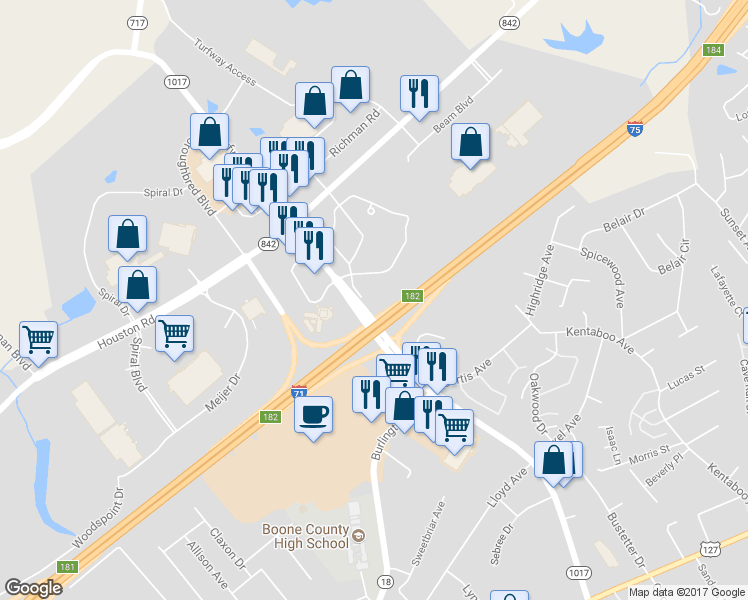 map of restaurants, bars, coffee shops, grocery stores, and more near 7350 Turfway Road in Florence