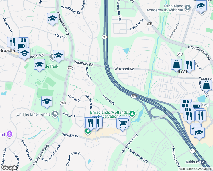 map of restaurants, bars, coffee shops, grocery stores, and more near 21793 Croxley Terrace in Ashburn