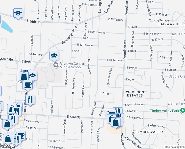 map of restaurants, bars, coffee shops, grocery stores, and more near 6000 Harvard Avenue in Raytown