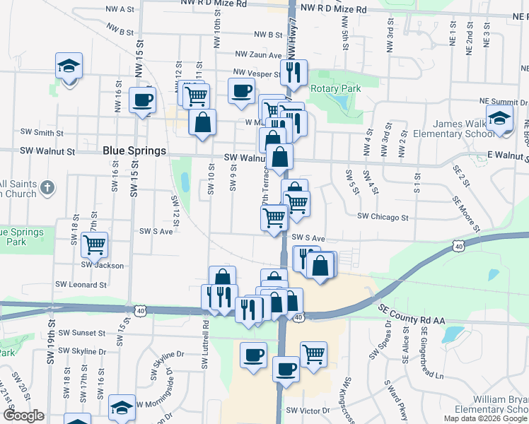 map of restaurants, bars, coffee shops, grocery stores, and more near 1200 Missouri 7 in Blue Springs