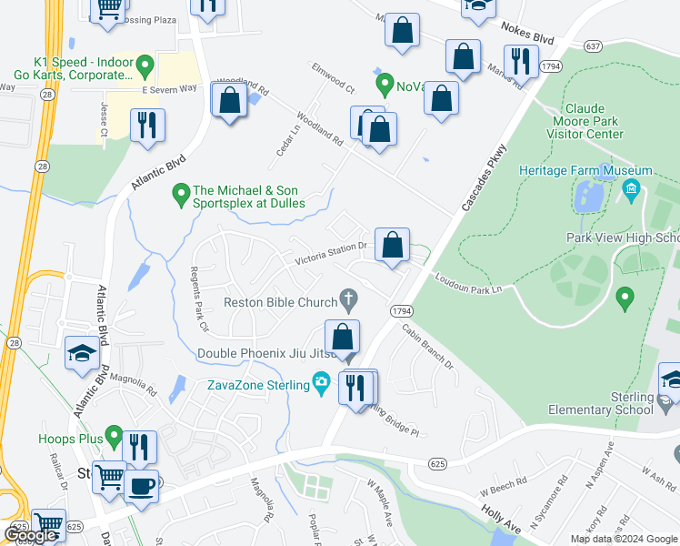 map of restaurants, bars, coffee shops, grocery stores, and more near 45747 Smoketree Terrace in Sterling