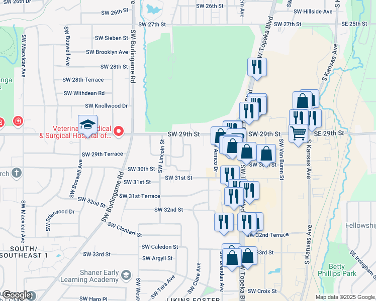 map of restaurants, bars, coffee shops, grocery stores, and more near 1205 Southwest 29th Street in Topeka