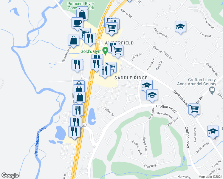 map of restaurants, bars, coffee shops, grocery stores, and more near 1400 Flatwood Court in Crofton