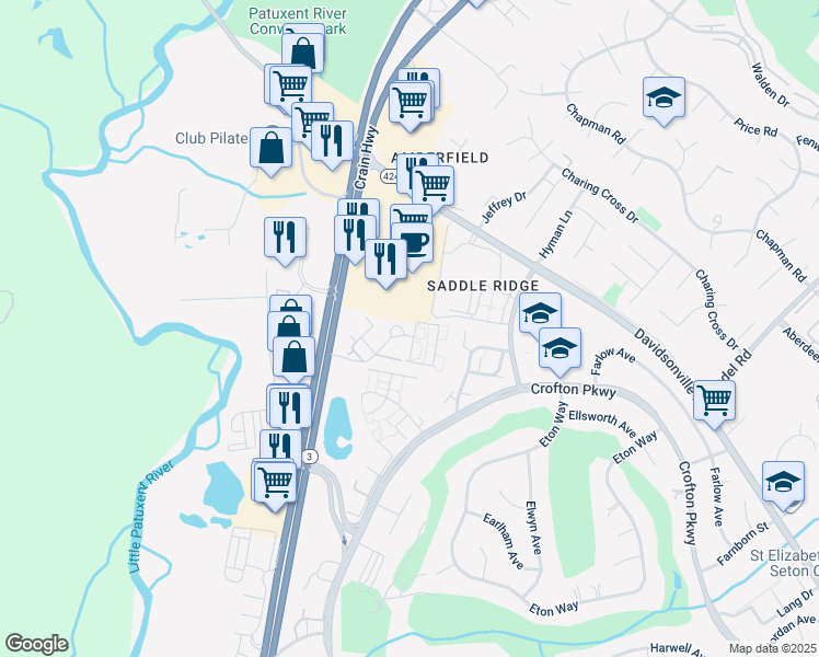 map of restaurants, bars, coffee shops, grocery stores, and more near 1400 Flatwood Court in Crofton