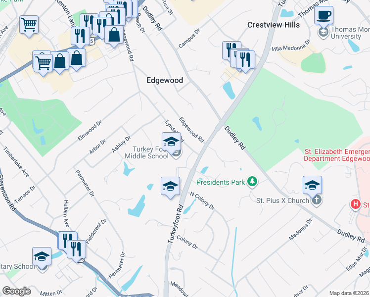 map of restaurants, bars, coffee shops, grocery stores, and more near 3212 Turkeyfoot Road in Edgewood