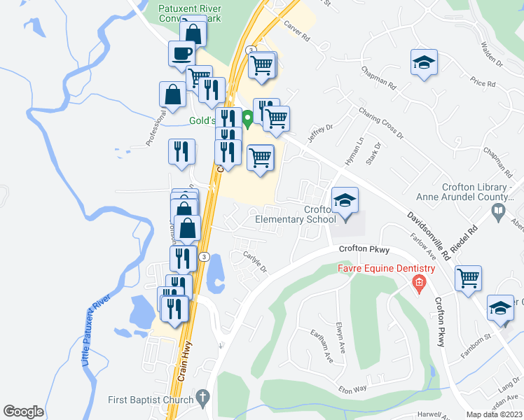map of restaurants, bars, coffee shops, grocery stores, and more near 1404 Flatwood Court in Crofton