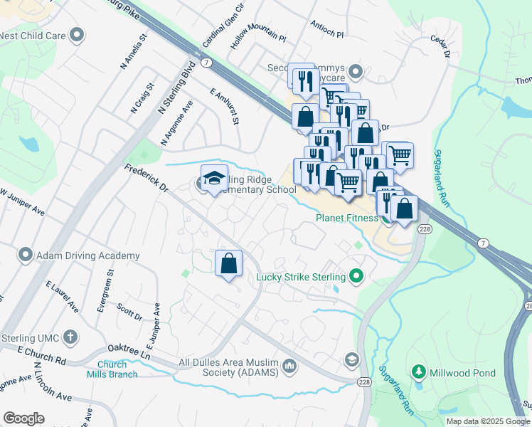 map of restaurants, bars, coffee shops, grocery stores, and more near 21779 Leatherleaf Circle in Sterling