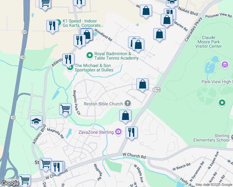 map of restaurants, bars, coffee shops, grocery stores, and more near 45702 Wembley Central Terrace in Sterling