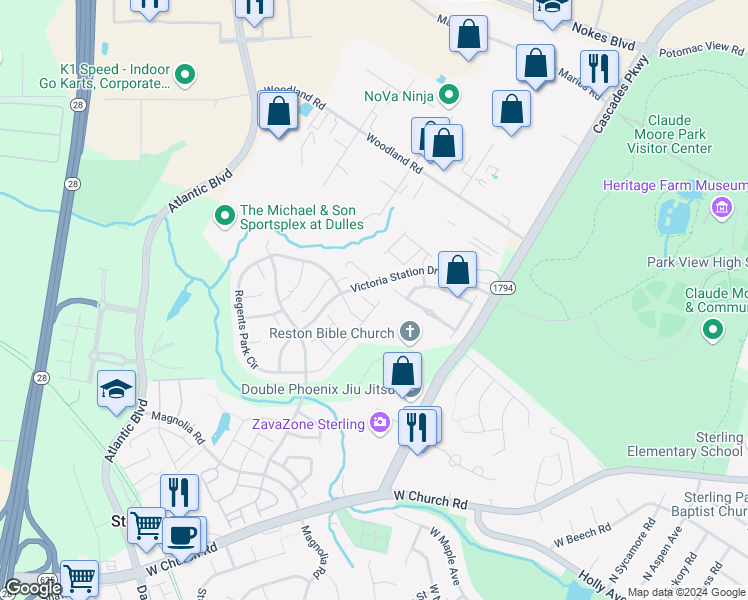 map of restaurants, bars, coffee shops, grocery stores, and more near 45702 Wembley Central Terrace in Sterling