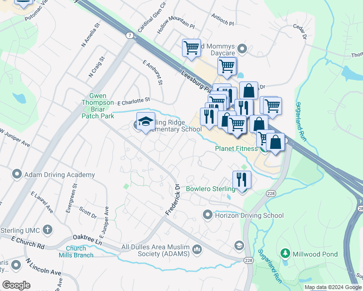 map of restaurants, bars, coffee shops, grocery stores, and more near 21779 Leatherleaf Circle in Sterling