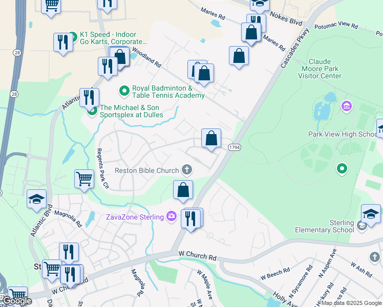 map of restaurants, bars, coffee shops, grocery stores, and more near 45760 Smoketree Terrace in Sterling