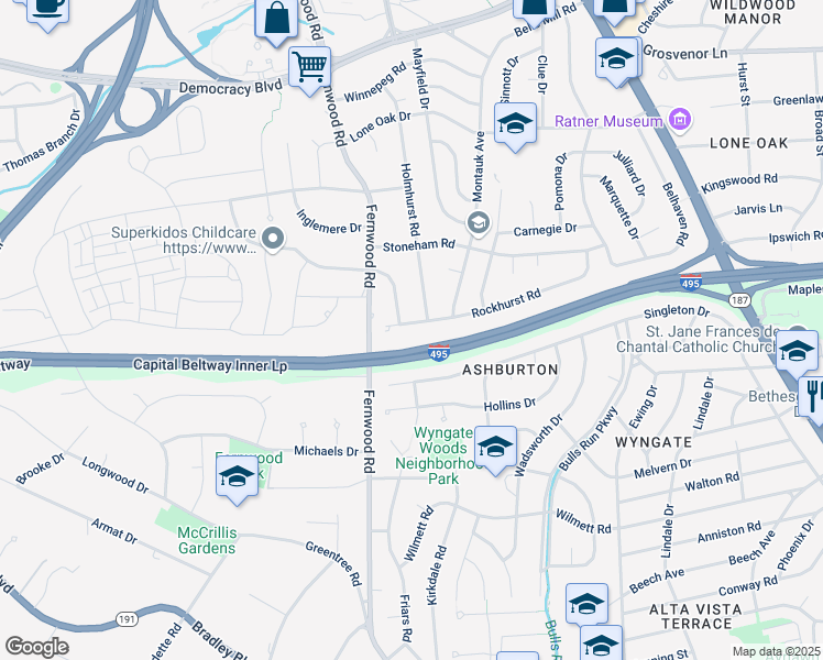 map of restaurants, bars, coffee shops, grocery stores, and more near 6504 Rockhurst Road in Bethesda