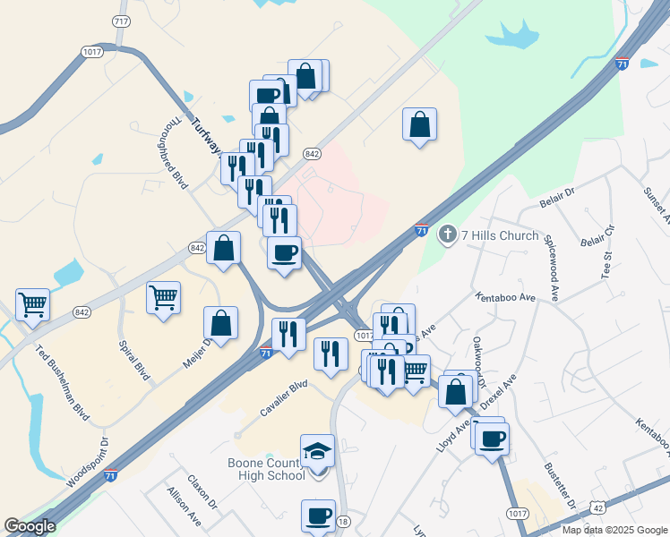 map of restaurants, bars, coffee shops, grocery stores, and more near 7350 Turfway Road in Florence
