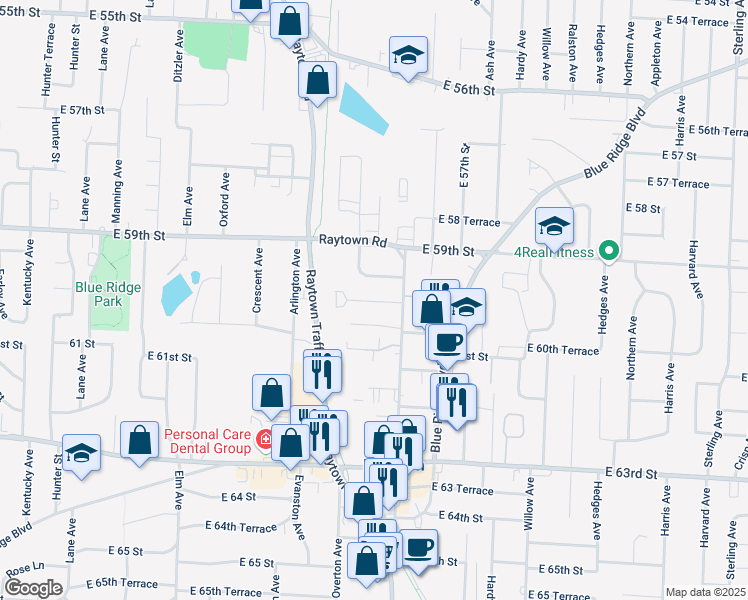 map of restaurants, bars, coffee shops, grocery stores, and more near 9912 East 60th Terrace in Raytown