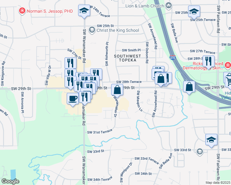 map of restaurants, bars, coffee shops, grocery stores, and more near 3000-3098 SW Wanamaker Dr in Topeka
