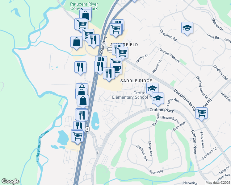 map of restaurants, bars, coffee shops, grocery stores, and more near 1410 Flatwood Court in Crofton