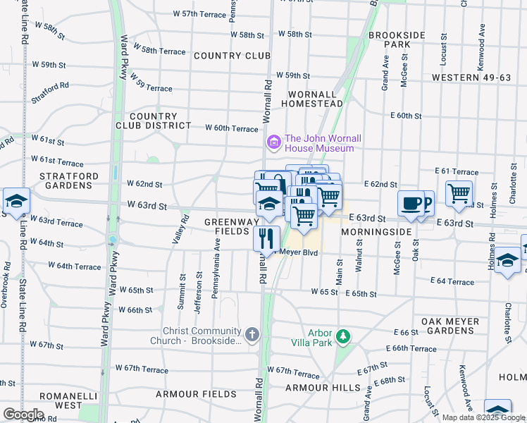 map of restaurants, bars, coffee shops, grocery stores, and more near Wornall Rd & W 63rd St in Kansas City