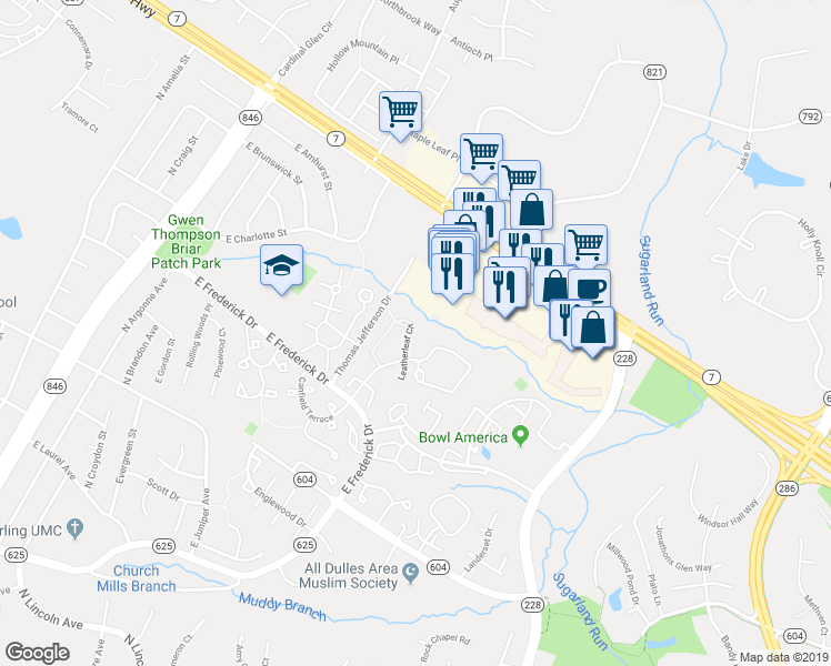 map of restaurants, bars, coffee shops, grocery stores, and more near 21721 Leatherleaf Circle in Sterling