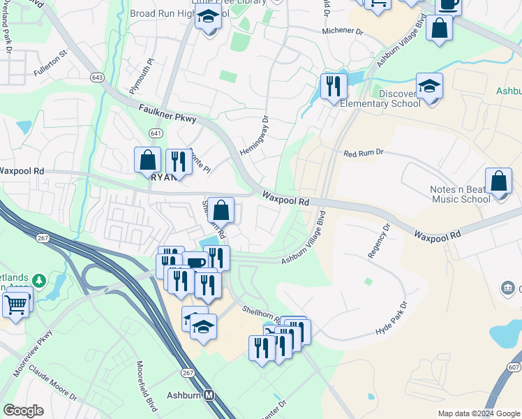 map of restaurants, bars, coffee shops, grocery stores, and more near 21772 Ladyslipper Square in Ashburn