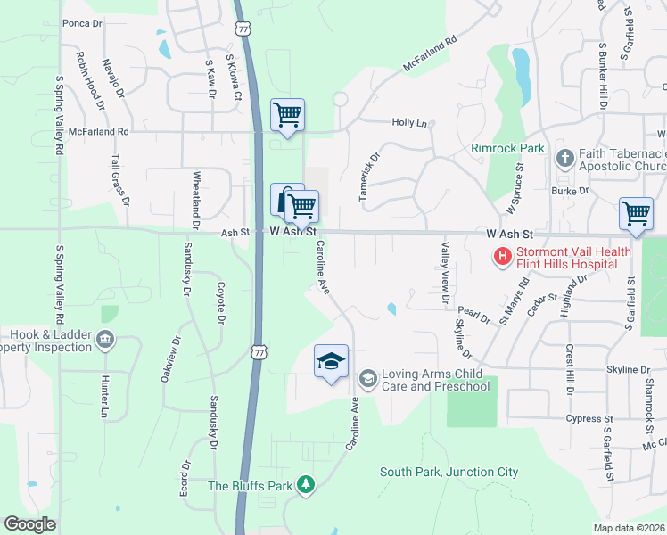 map of restaurants, bars, coffee shops, grocery stores, and more near 921 Caroline Avenue in Junction City