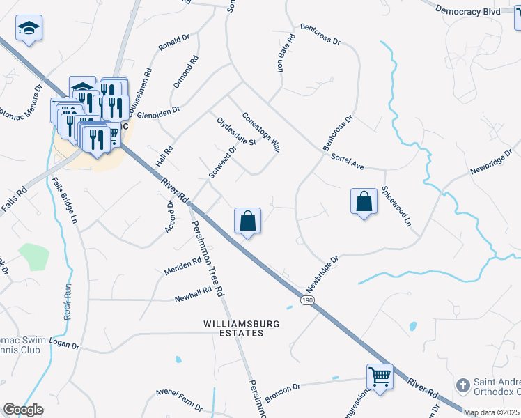map of restaurants, bars, coffee shops, grocery stores, and more near 9908 Bentcross Drive in Potomac