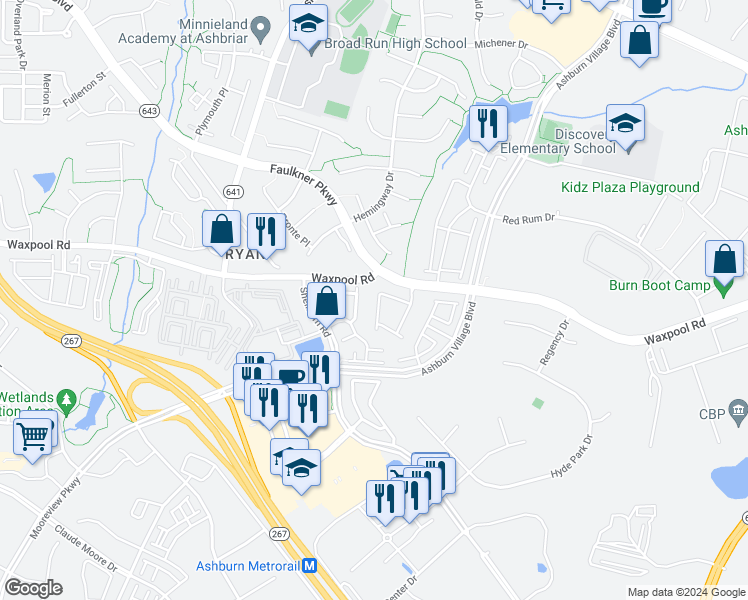map of restaurants, bars, coffee shops, grocery stores, and more near 21775 Ladyslipper Square in Ashburn
