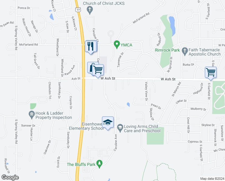 map of restaurants, bars, coffee shops, grocery stores, and more near 930 Windwood Drive in Junction City