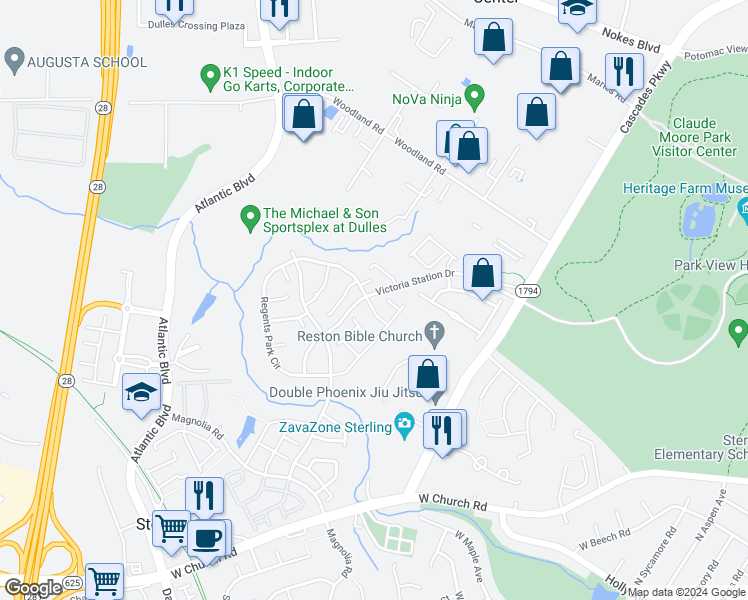 map of restaurants, bars, coffee shops, grocery stores, and more near 21752 Brondesbury Park Terrace in Sterling