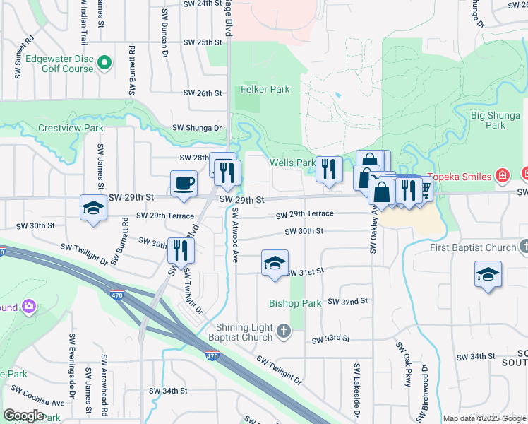 map of restaurants, bars, coffee shops, grocery stores, and more near 3619 Southwest 29th Terrace in Topeka