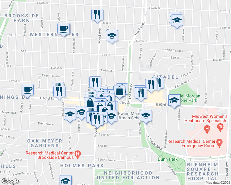 map of restaurants, bars, coffee shops, grocery stores, and more near 6219 Tracy Avenue in Kansas City