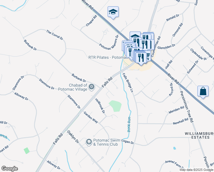 map of restaurants, bars, coffee shops, grocery stores, and more near 10323 Snowpine Way in Potomac
