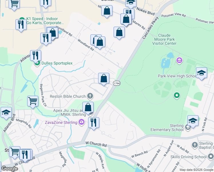 map of restaurants, bars, coffee shops, grocery stores, and more near 45814 Mountain Pine Square in Sterling