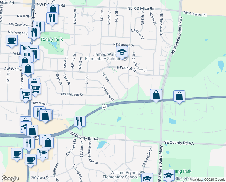map of restaurants, bars, coffee shops, grocery stores, and more near 319 Southeast 2 Street in Blue Springs